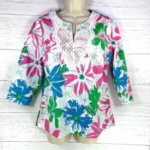 Talbots medium petite pink green lace Floral Cottage Coquette Popover Blouse